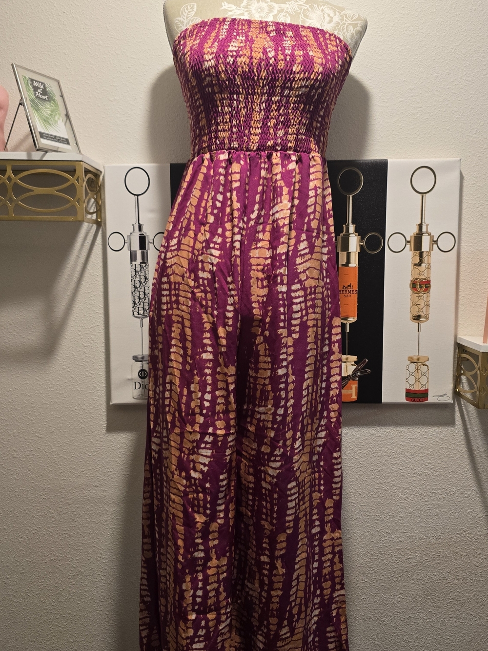 SHEIN Strapless Purple & Cream Smocked Jumpsuit